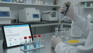 Researcher using a micropipette for small volumes