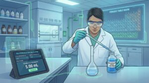 Chemist measuring solutions in a beaker