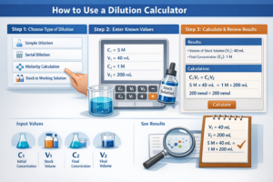 Row of colorful test tubes showing serial dilution