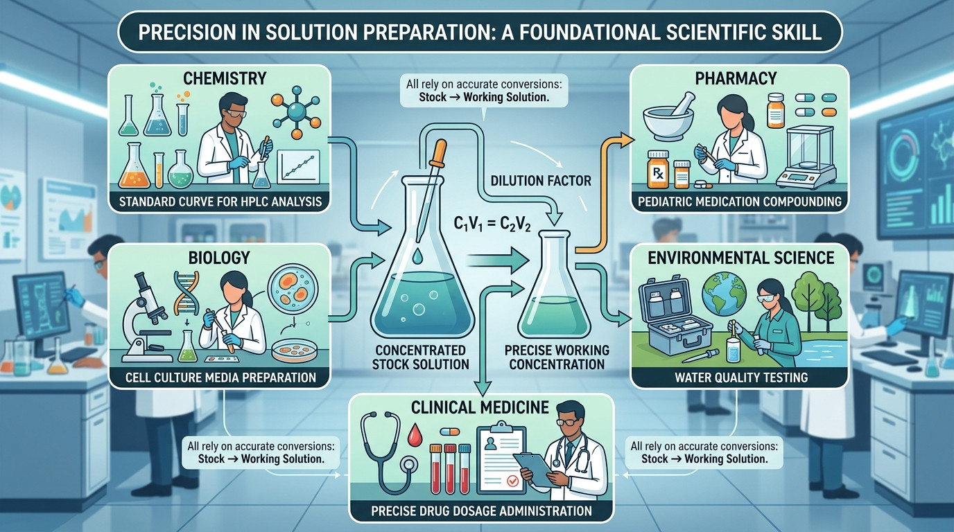 Scientist performing dilution calculations in chemistry laboratory