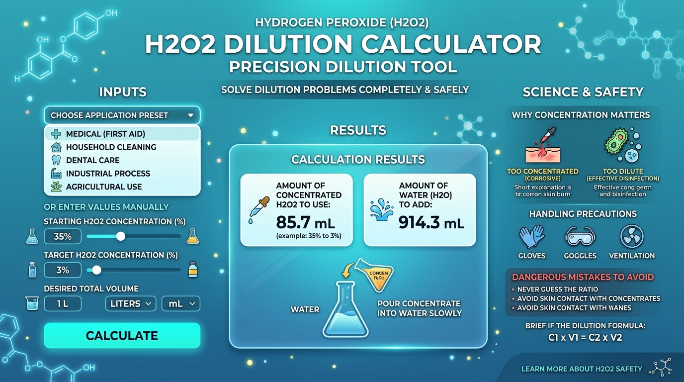 Hydrogen peroxide dilution calculator for safe H2O2 concentration mixing and preparation