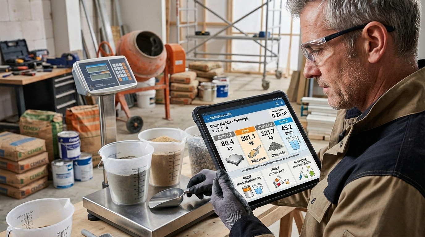 Mixing ratio calculator for accurate material measurements in construction and industrial applications