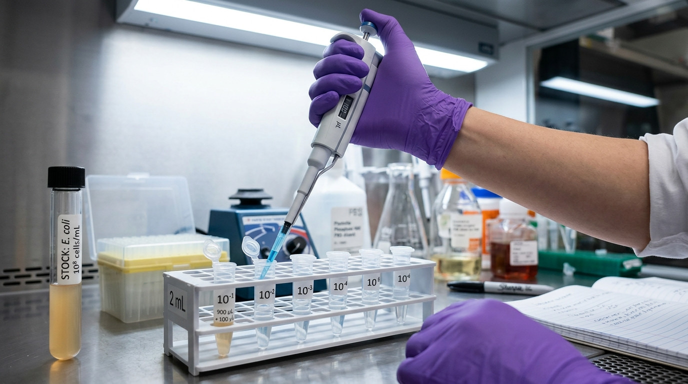 Serial dilution process showing stepwise concentration reduction in laboratory tubes