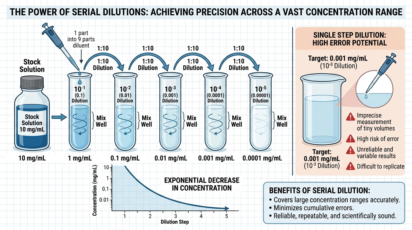 Visualization of serial dilution showing exponential concentration decrease across dilution steps