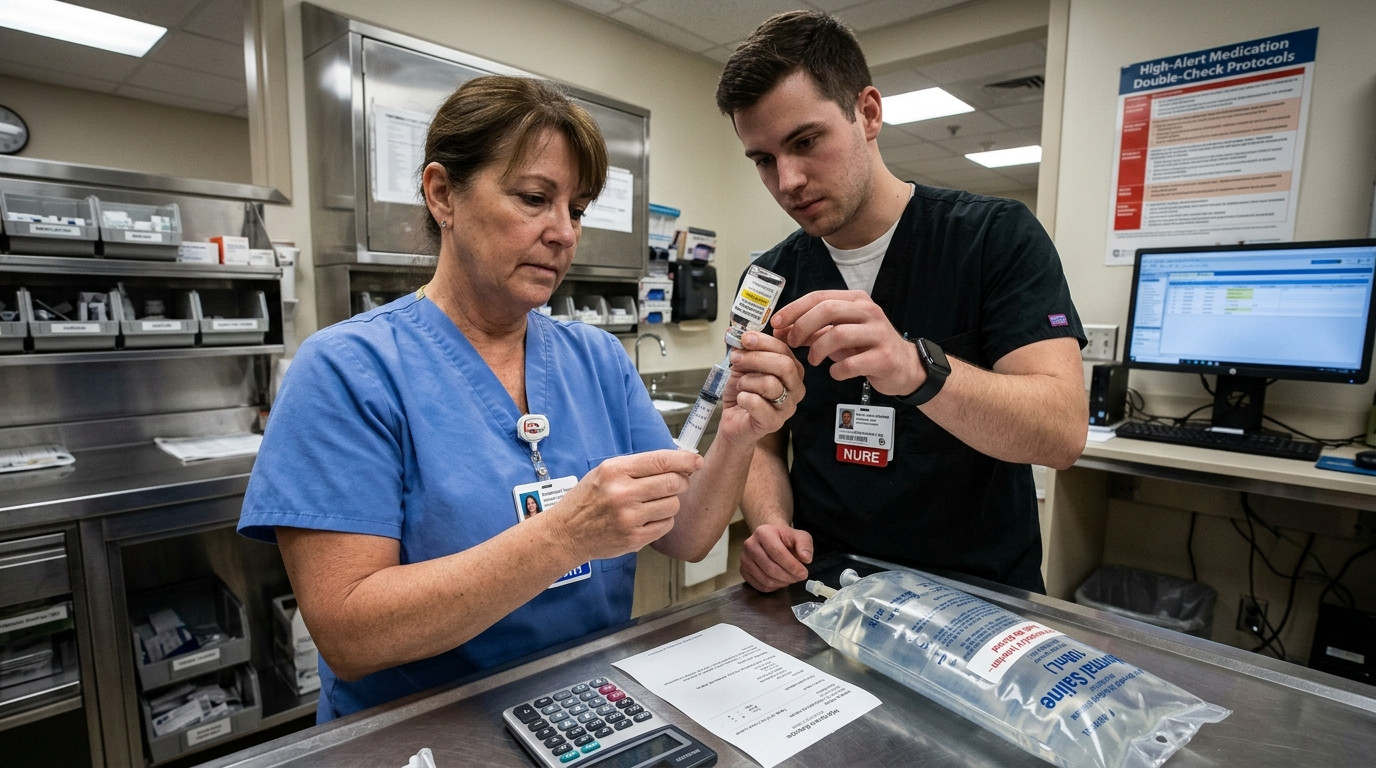 Clinical IV preparation requiring precise dilution calculation for patient safety