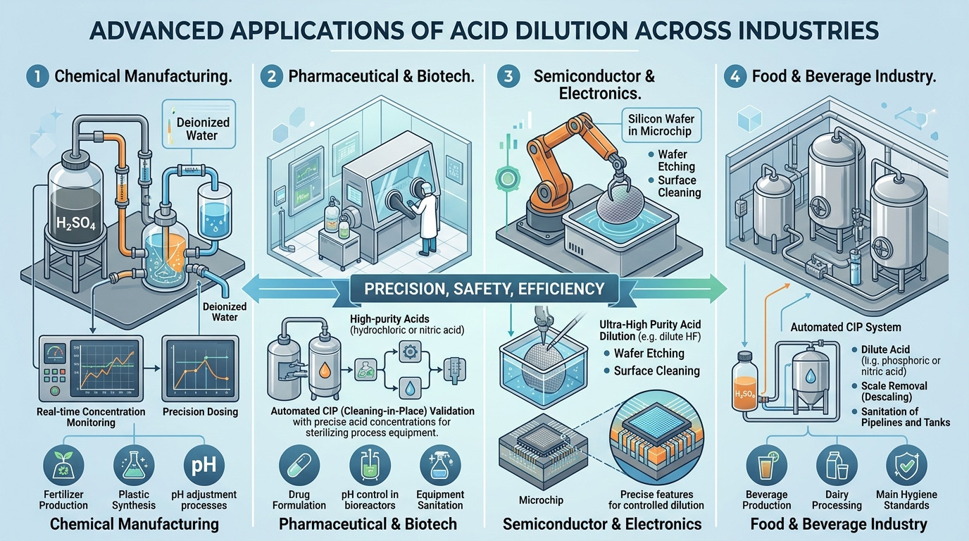 Advanced acid dilution applications across semiconductor, mining, food, pathology, and battery industries
