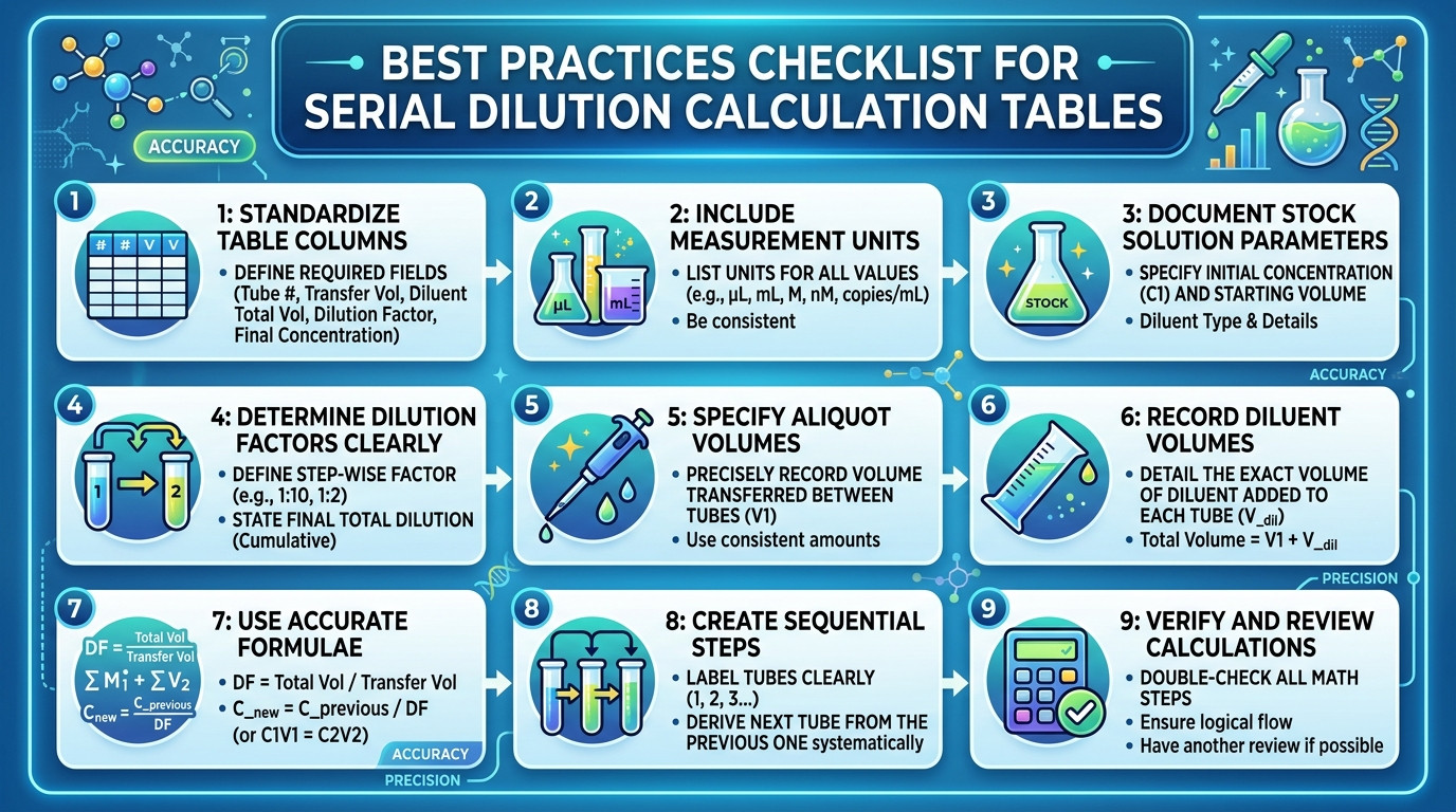 Best practices checklist for serial dilution calculation table preparation and execution