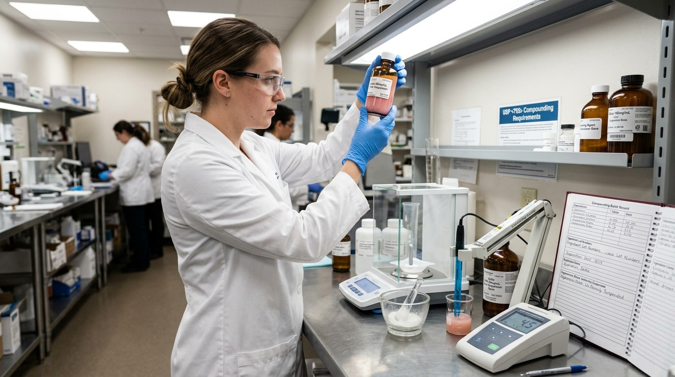 Pharmaceutical compounding workspace showing precision measurement equipment and solution preparation materials