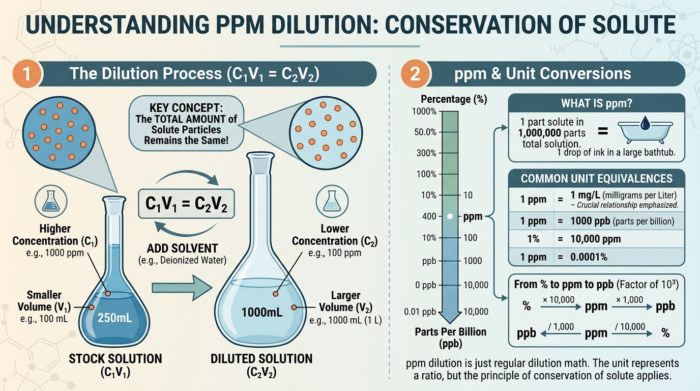 ppm dilution calculator showing relationships between ppm mg per litre percent and ppb
