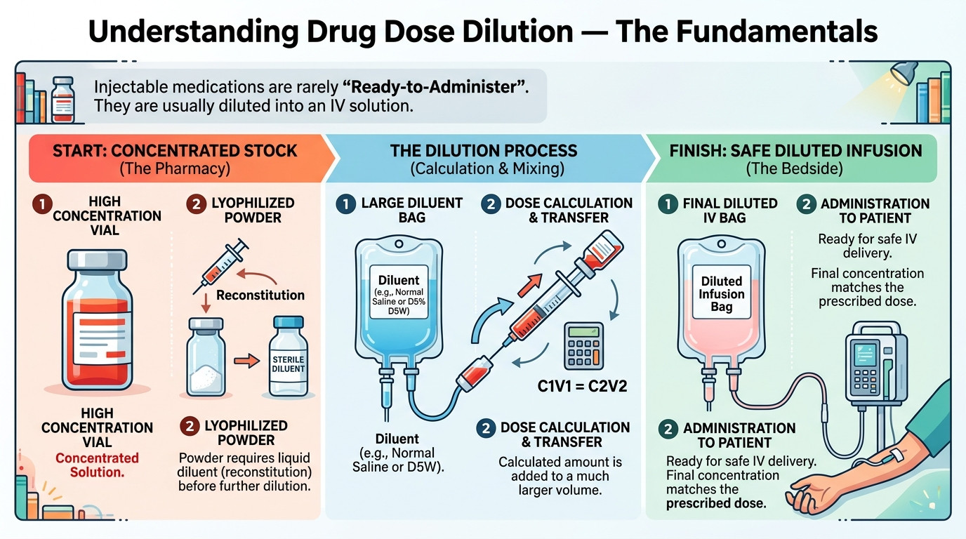 Drug dose dilution calculator showing concentration decrease across serial dilution steps
