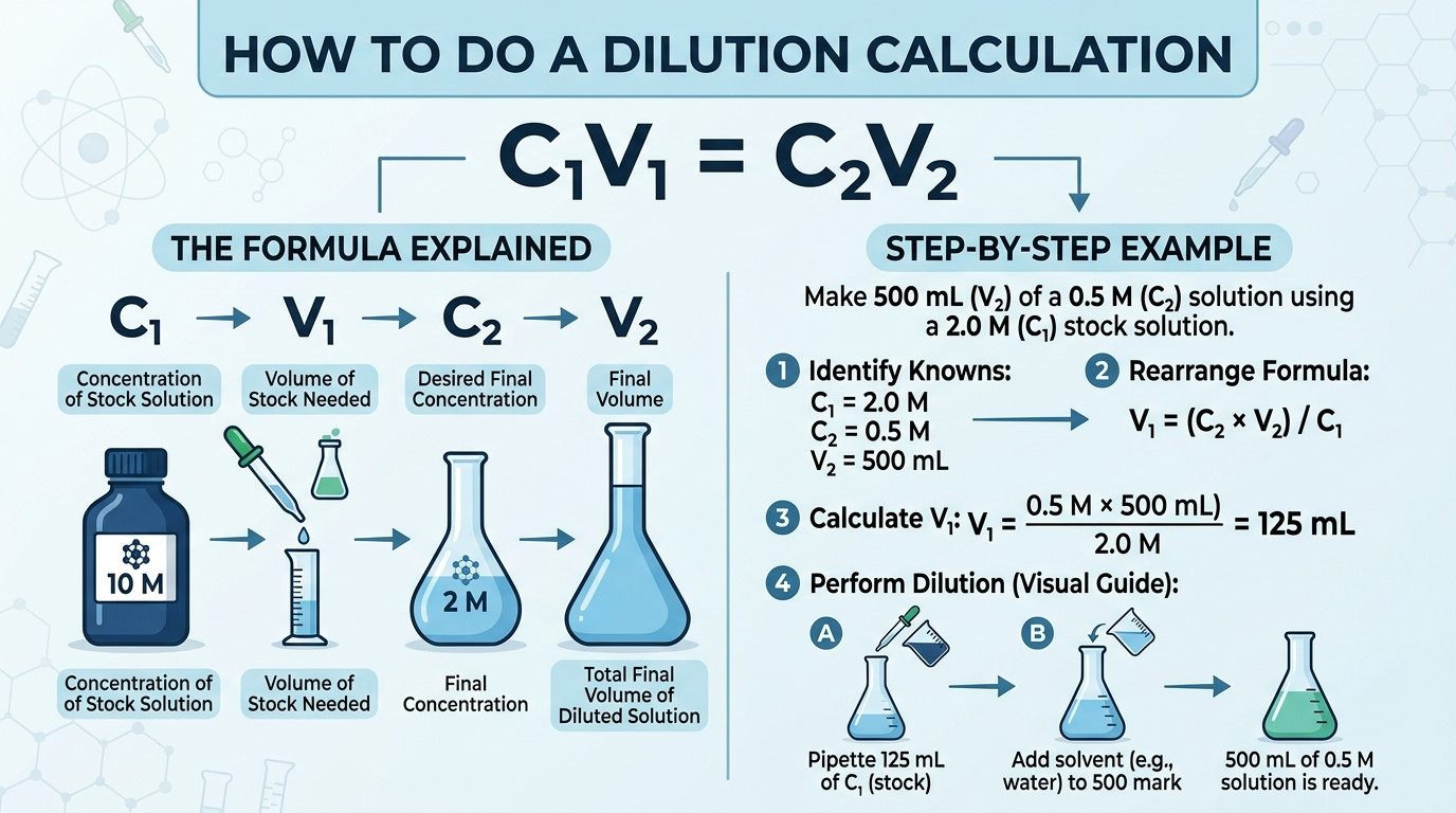 How to do a dilution calculation visualization showing C1V1 equals C2V2 and a concentrated stock being diluted