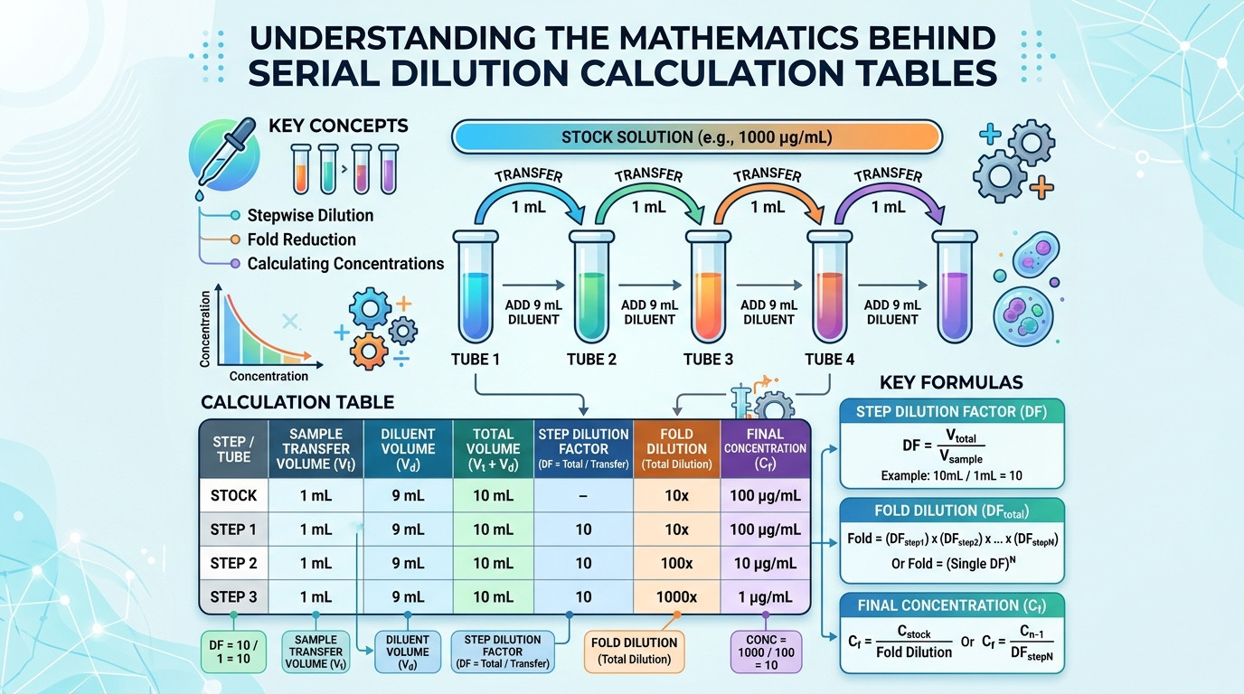 Step-by-step serial dilution calculation table process diagram