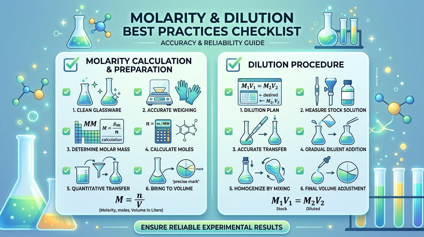 Molarity and dilution calculator best practices checklist for accurate solution preparation