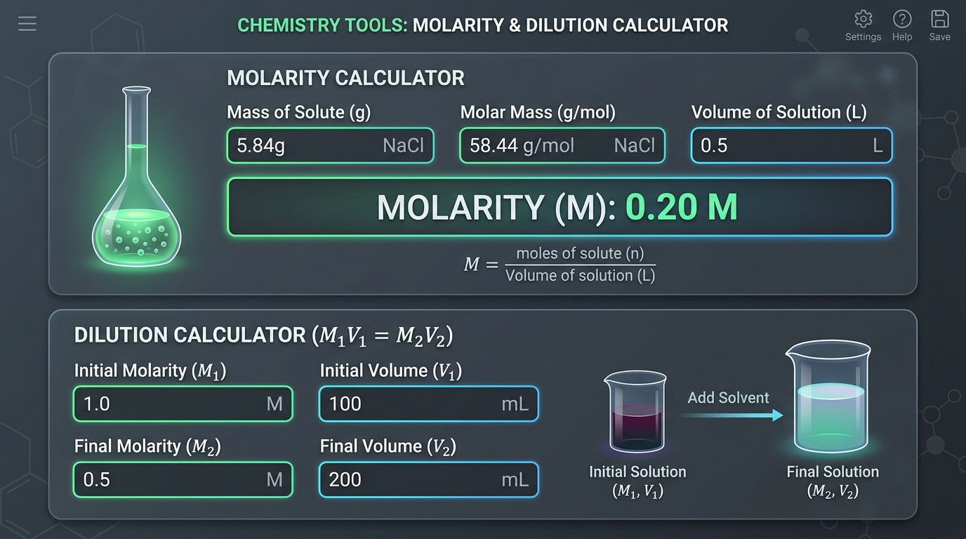 Molarity and dilution calculator visualization showing moles per litre and C1V1 equals C2V2