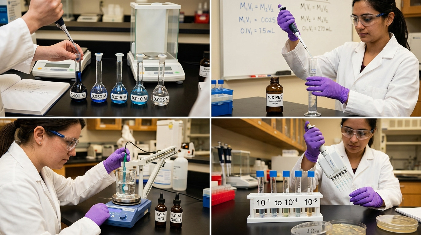 Molarity and dilution calculator real lab scenarios showing buffers stocks standard curves and saline