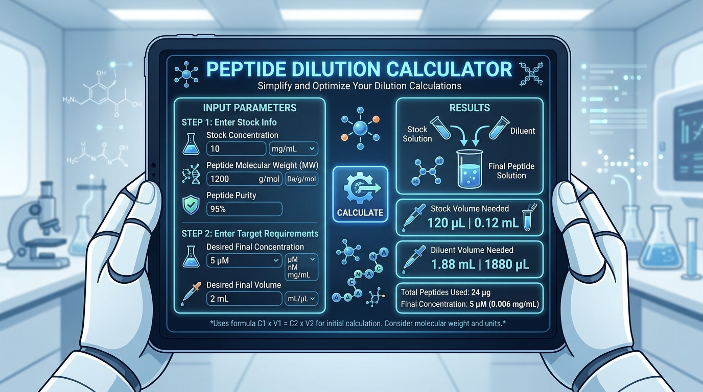 Peptide dilution calculator visualization showing reconstitution of lyophilized peptide powder into a stock solution