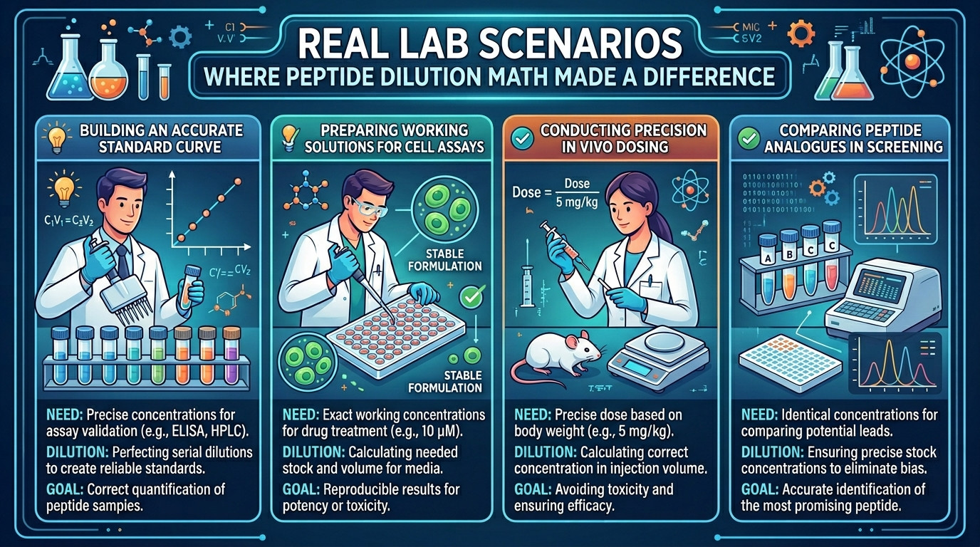 Peptide dilution calculator real lab scenarios showing reconstitution dose-response and antigen titration