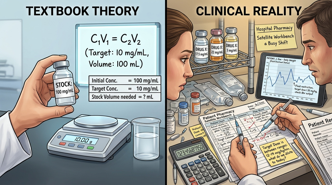 Pharmaceutical dilution calculator showing drug concentration changes across dilution steps in pharmacy practice