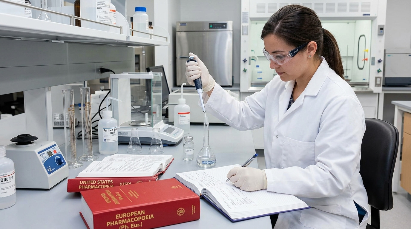 Precision analytical balance displaying digital readout during weight by volume solution preparation in pharmaceutical laboratory