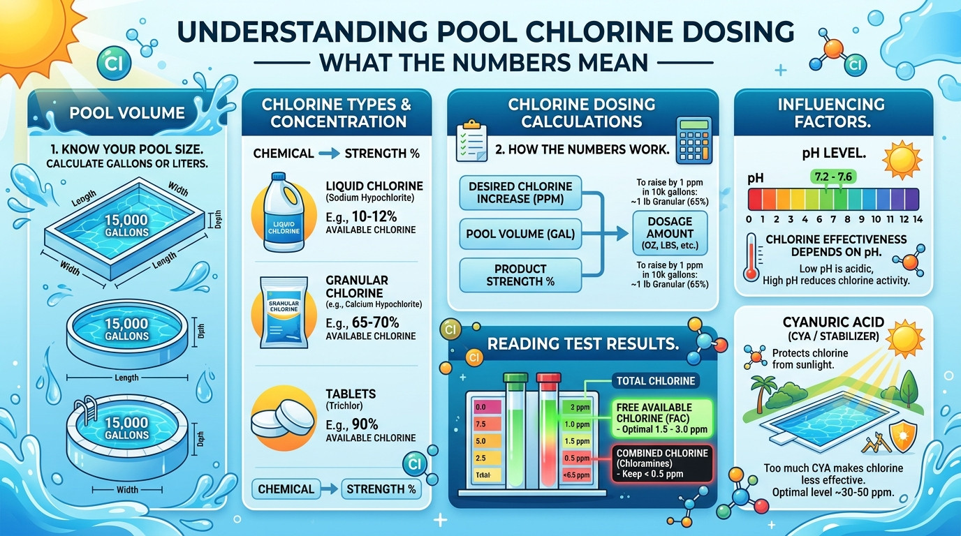 Pool chlorine calculator showing free chlorine cyanuric acid and product strength relationships