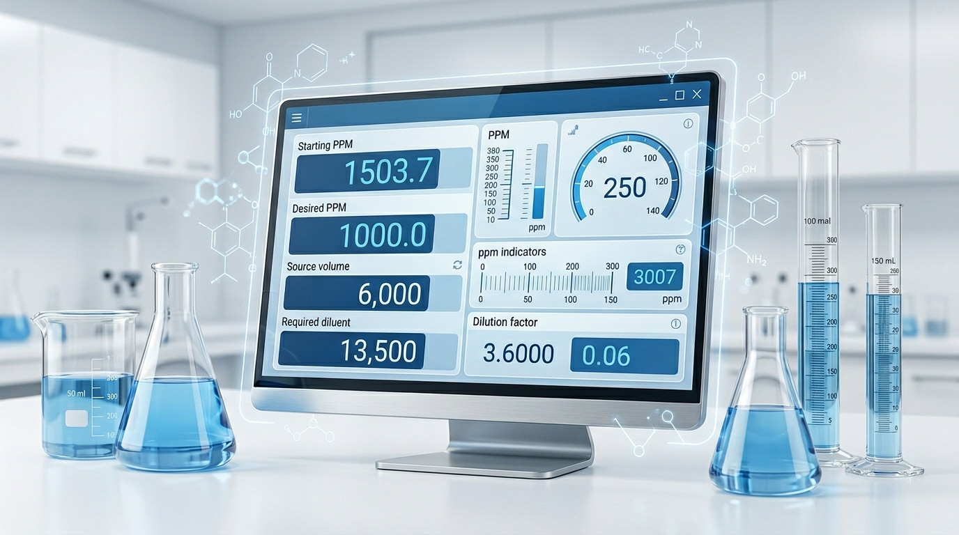 ppm dilution calculator visualization showing parts per million concentration and C1V1 equals C2V2