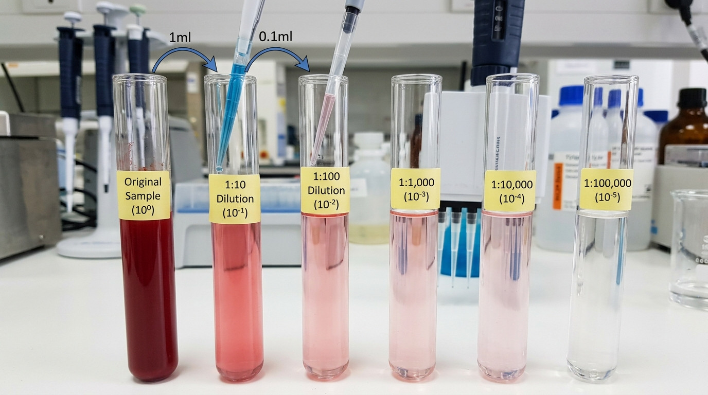 Microbiology serial dilution example showing bacterial concentration decrease across tenfold dilution steps with table
