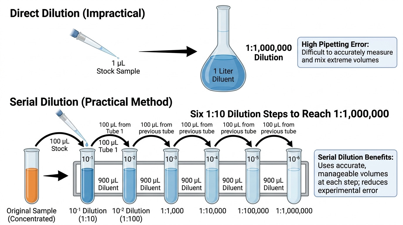Serial dilution calculation showing total dilution factor relationships for tenfold twofold and fivefold dilution series