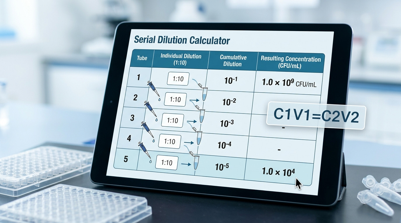 Serial dilution calculation table showing concentration decrease across tubes