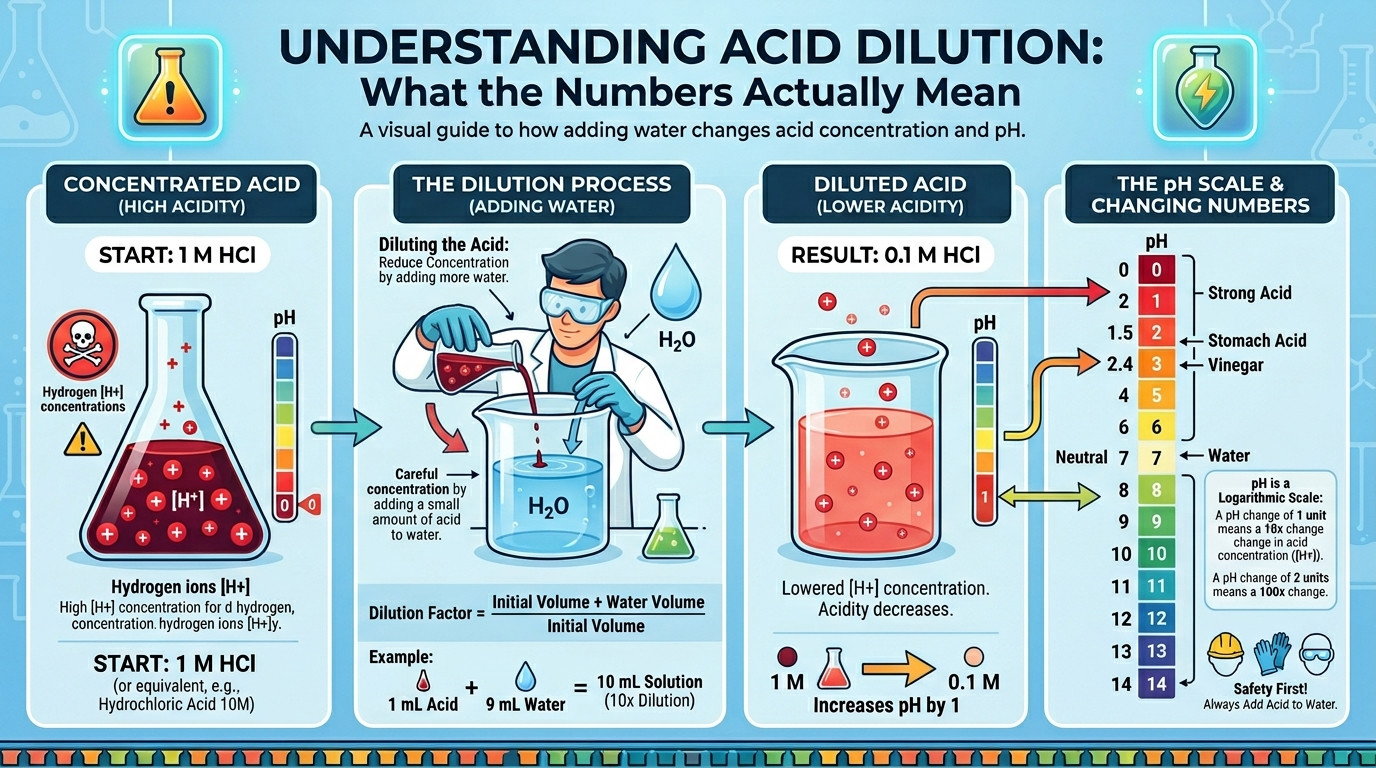 Acid dilution calculator visualization showing C1V1 equals C2V2 and concentrated acid being added to water
