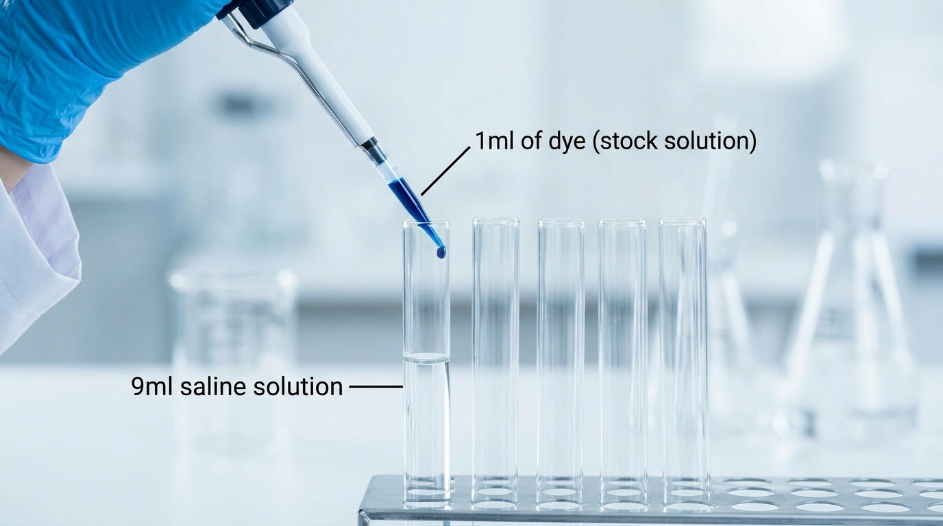 Serial dilution calculation visualization showing tenfold dilution series and cumulative dilution factor across tubes