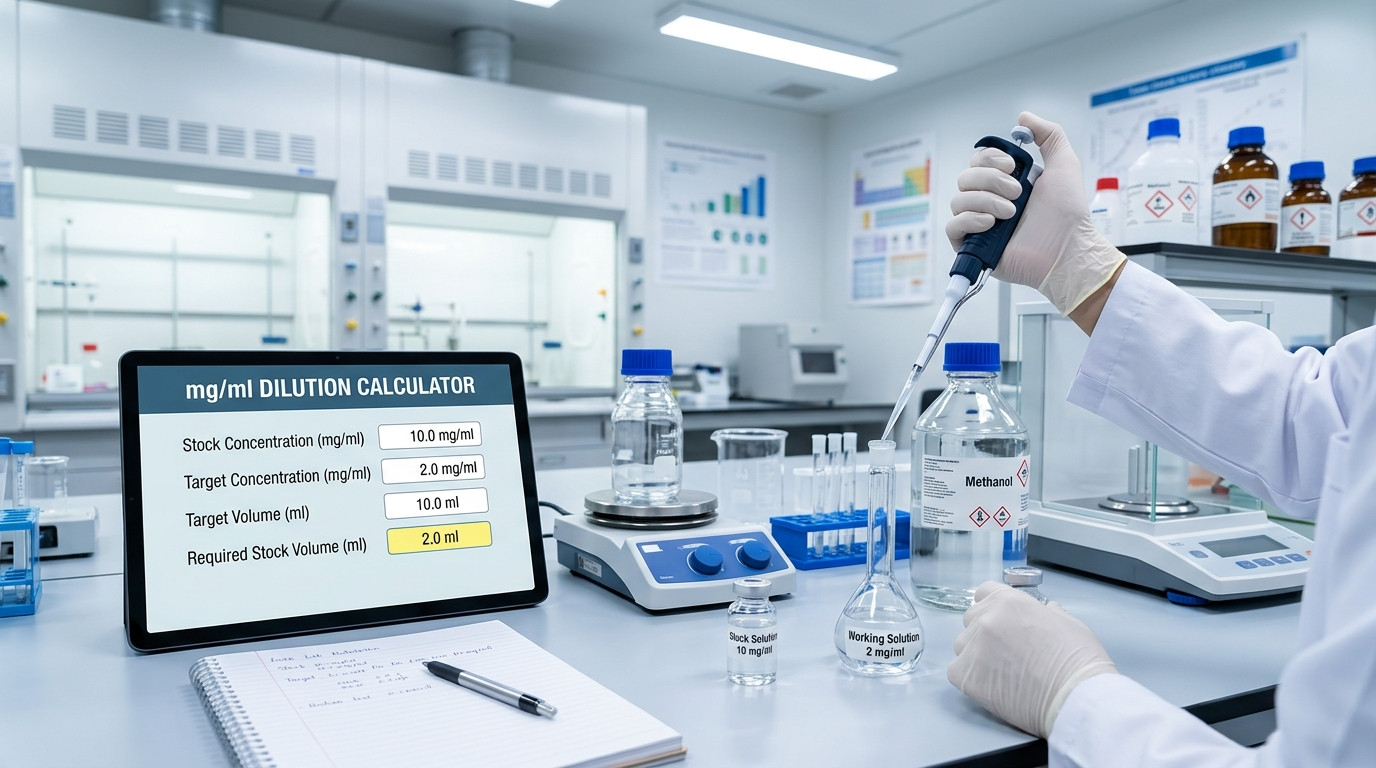 mg per ml dilution calculator visualization showing mass per volume concentration and C1V1 equals C2V2