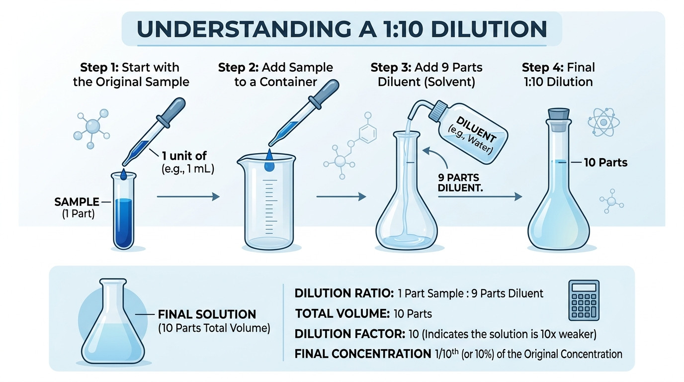 1:10 dilution step by step showing 1 part stock plus 9 parts diluent and the tenfold factor
