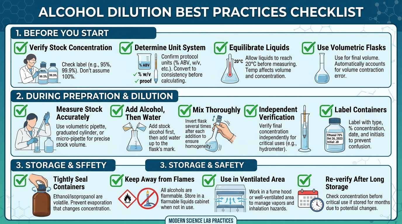 Alcohol dilution calculator best practices checklist for accurate preparation and storage