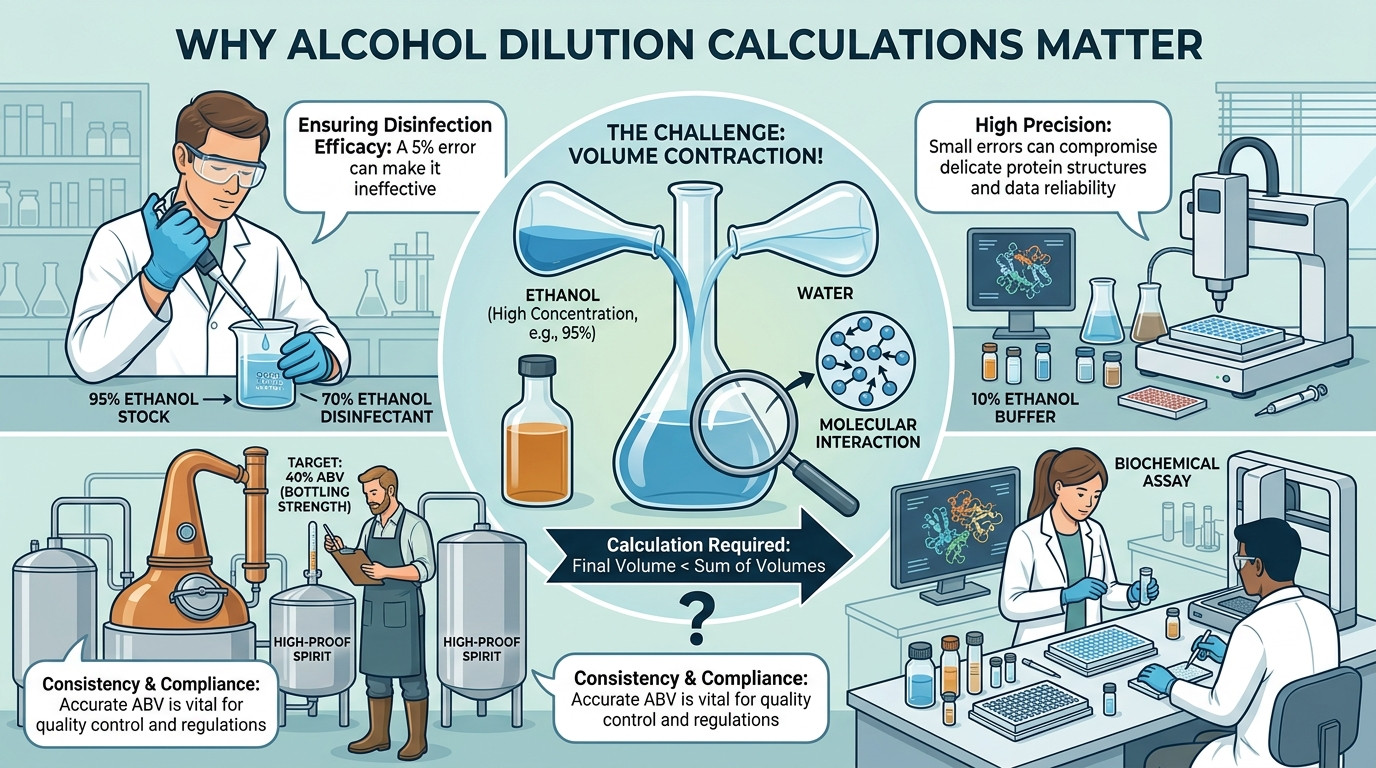 Alcohol dilution calculator visualization showing dilution of high-proof alcohol with water