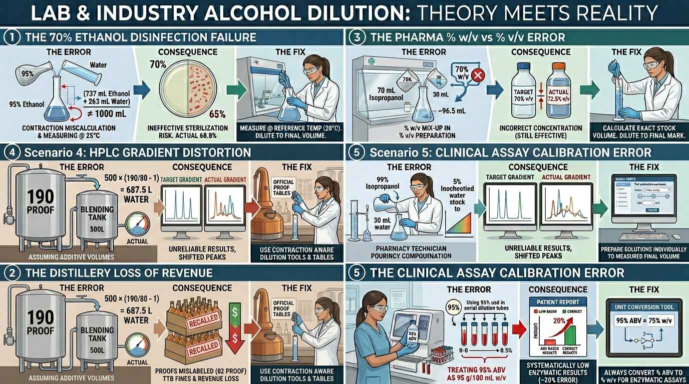 Alcohol dilution calculator real scenarios showing distillery and laboratory applications