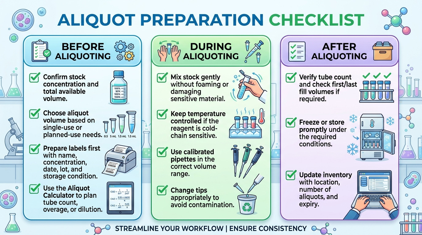 Aliquot preparation checklist for labeling pipetting storage and inventory tracking