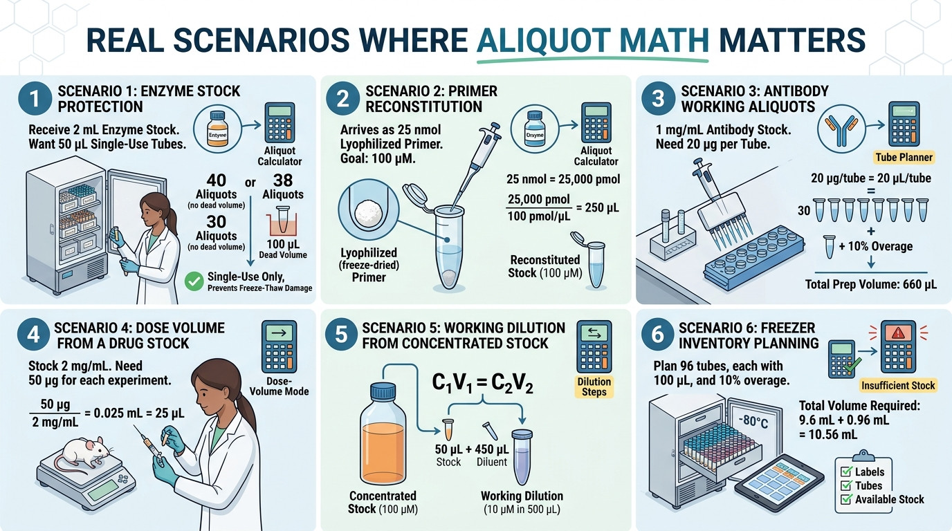 Aliquot scenarios for enzyme stocks primers antibodies dose volumes and freezer inventory planning