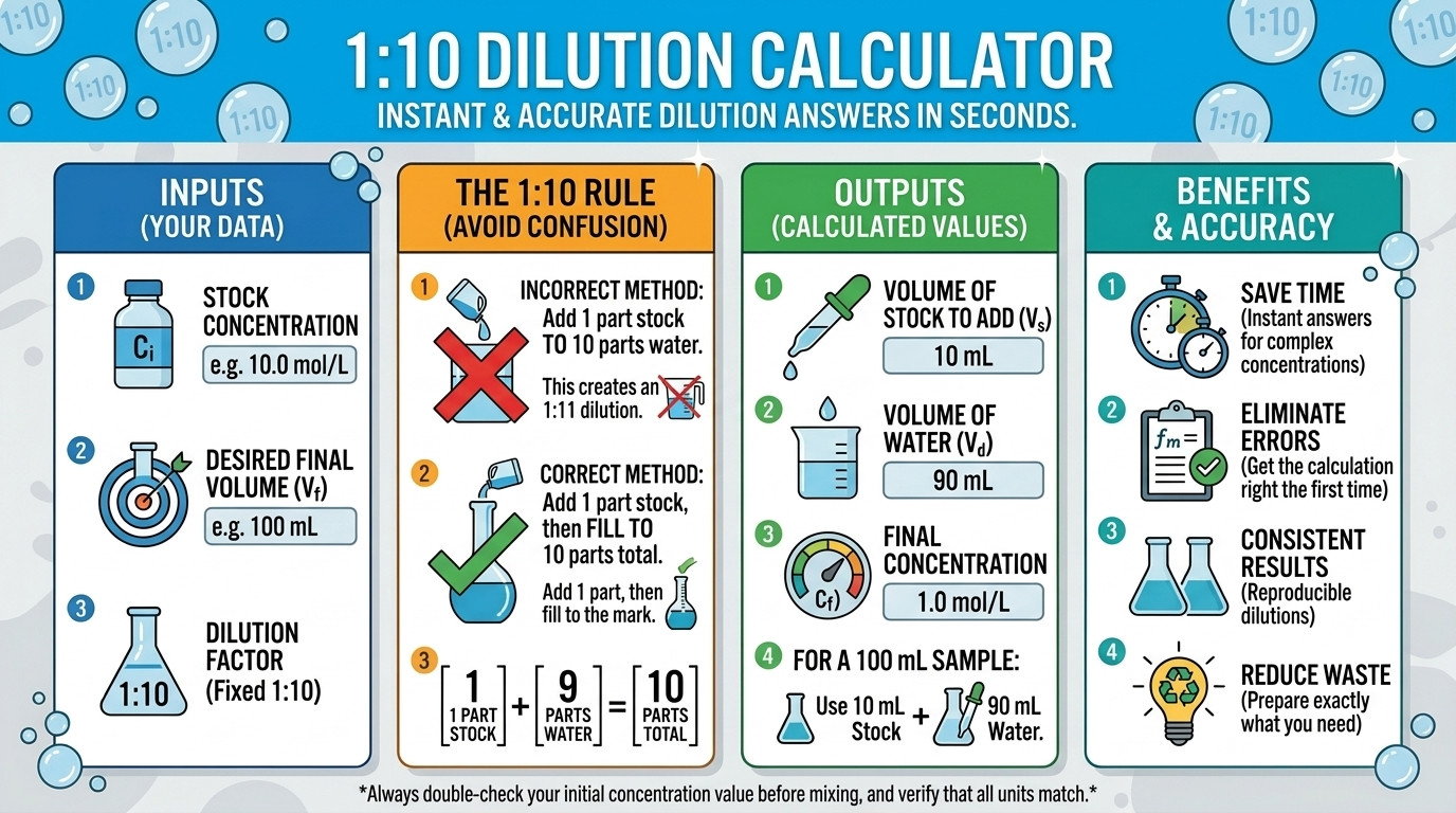 1:10 dilution calculator visualization showing 1 part stock plus 9 parts diluent making a tenfold dilution