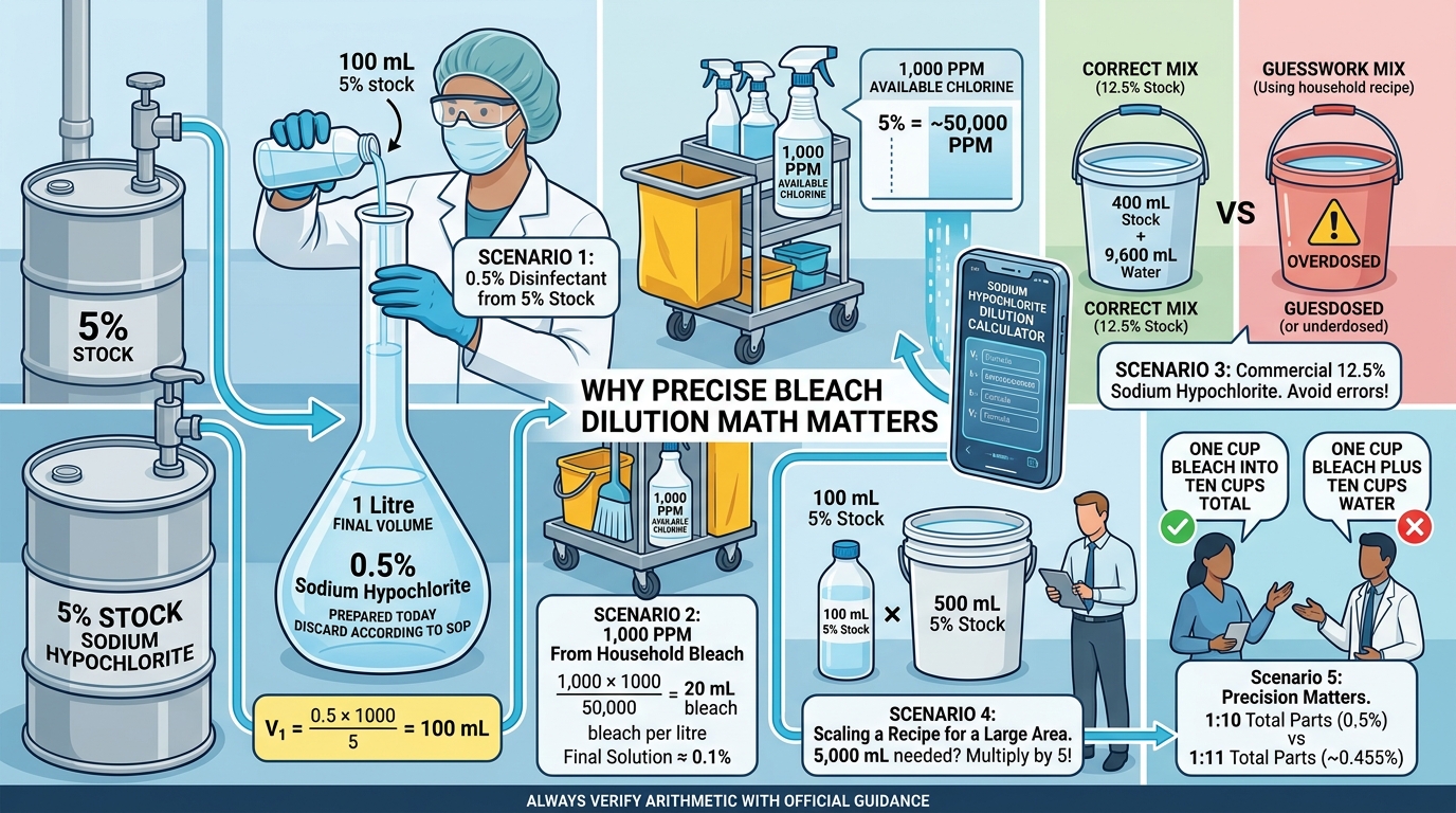 Sodium hypochlorite dilution scenarios for 0.5 percent bleach 1000 ppm and ratio mixing