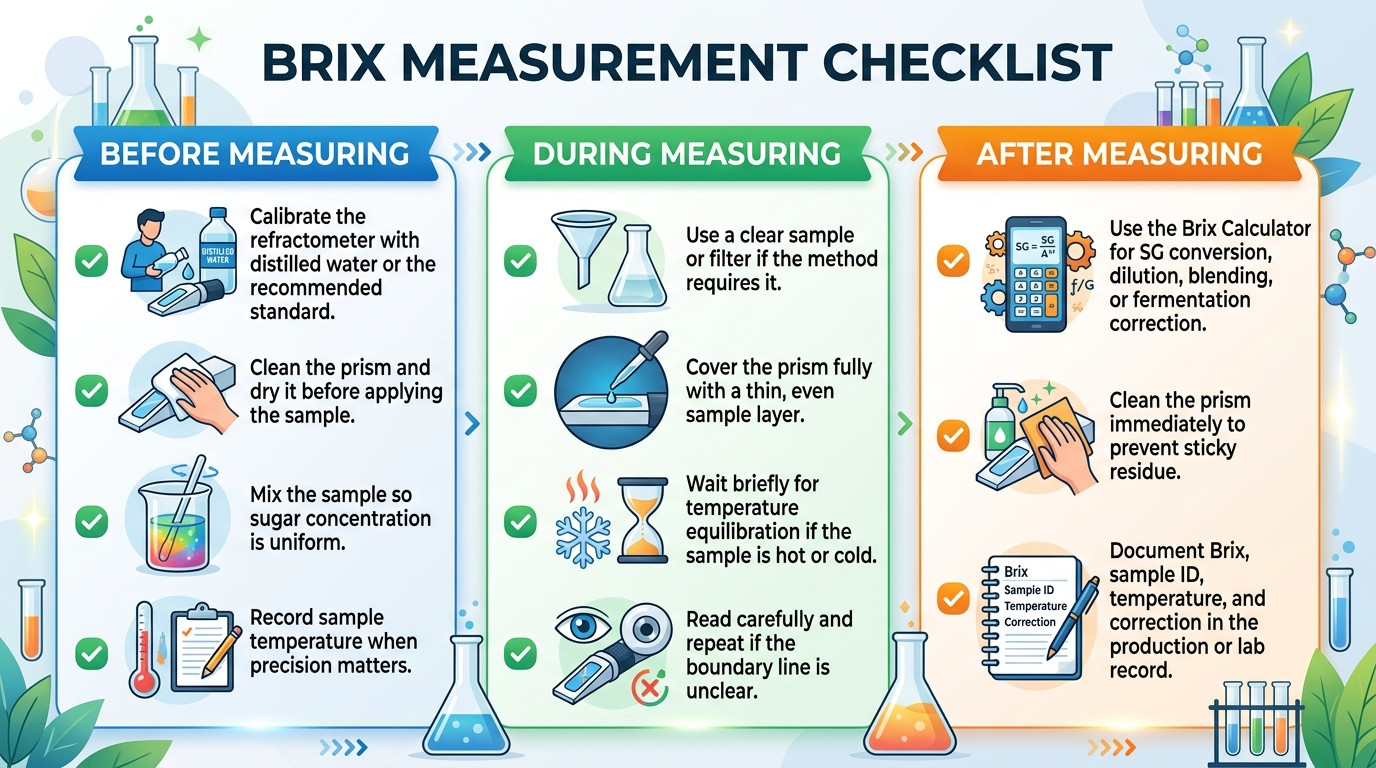 Brix measurement checklist for refractometer calibration sample handling and Brix calculation