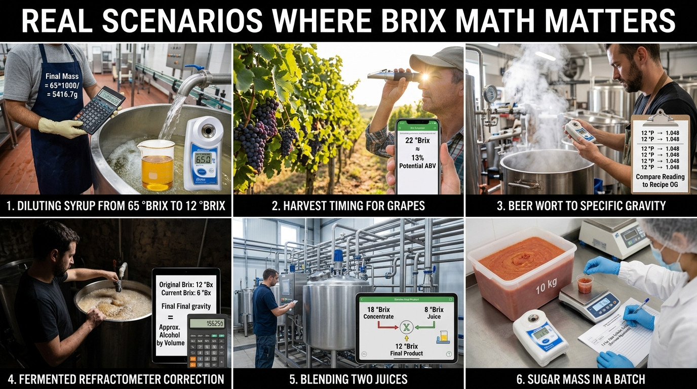 Brix scenarios for syrup dilution grape harvest beer wort juice blending and sugar mass