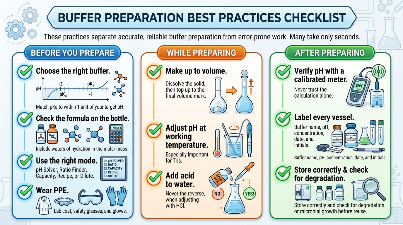 Buffer preparation best practices with labelled buffer bottles and pH meter in a laboratory