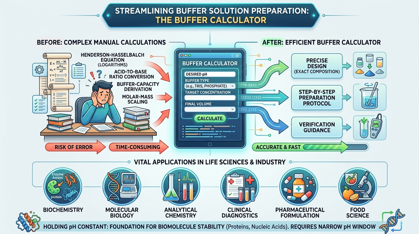 Buffer preparation in a laboratory with pH meter, volumetric flasks, and buffer solutions