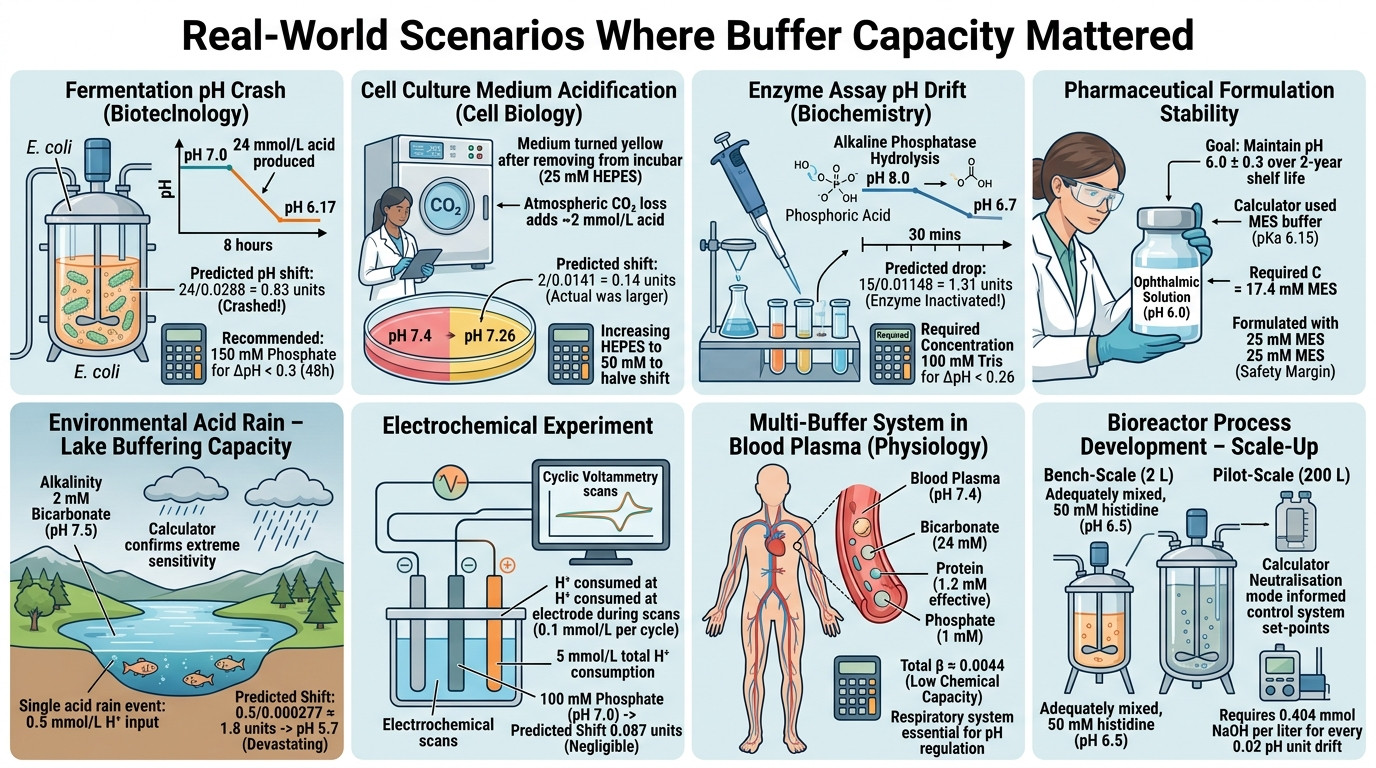 Real scenarios showing buffer capacity calculations in fermentation biochemistry and environmental science