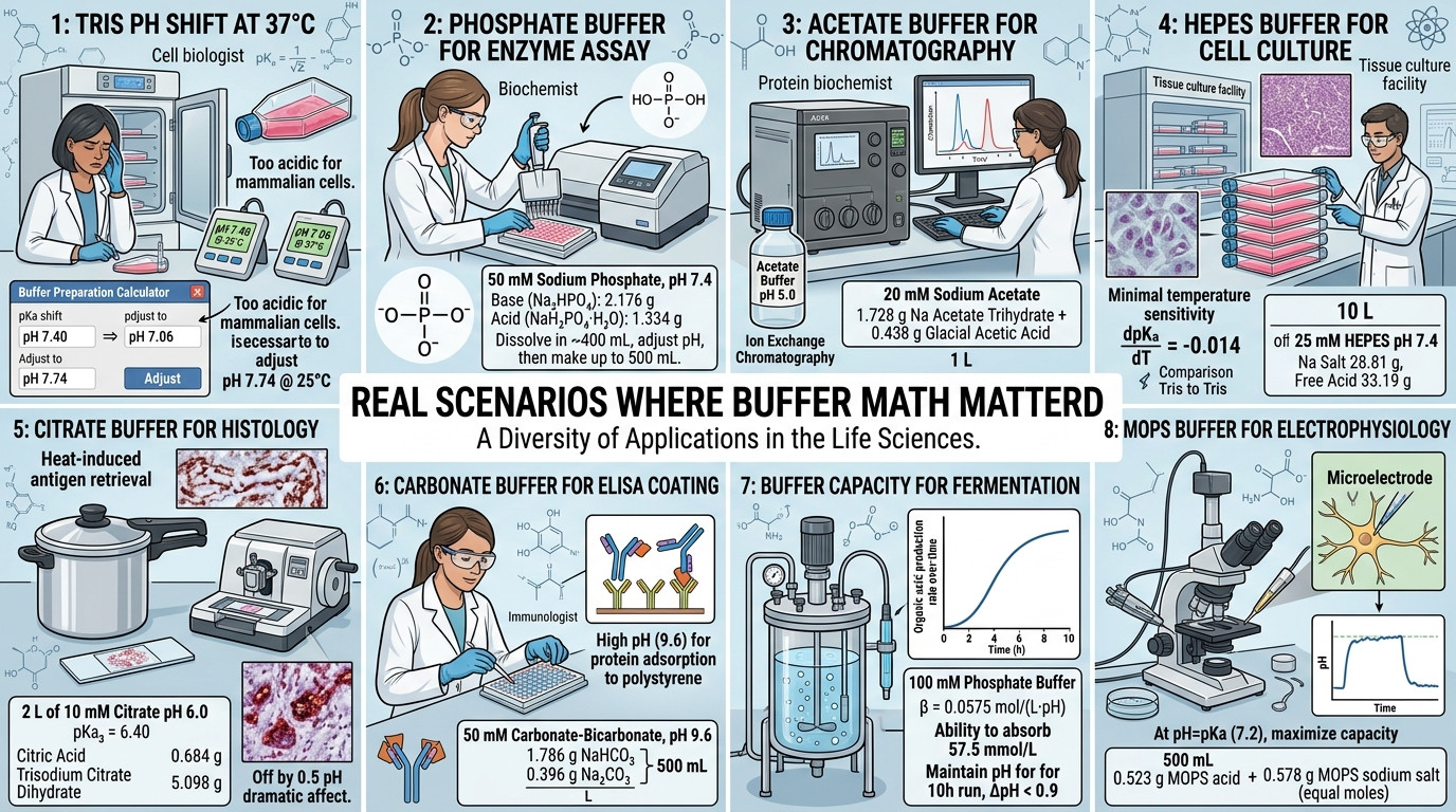 Real laboratory scenarios showing buffer preparation calculations