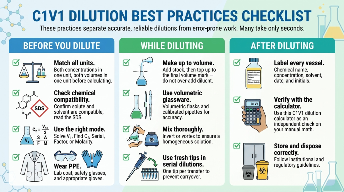 C1V1 dilution best practices with labelled solution bottles in a laboratory