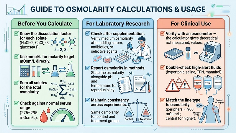 Osmolarity calculation best practices with IV fluids and laboratory equipment