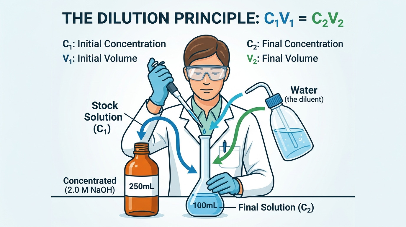 How to calculate dilutions visualization showing C1V1 equals C2V2 and a concentrated stock being diluted