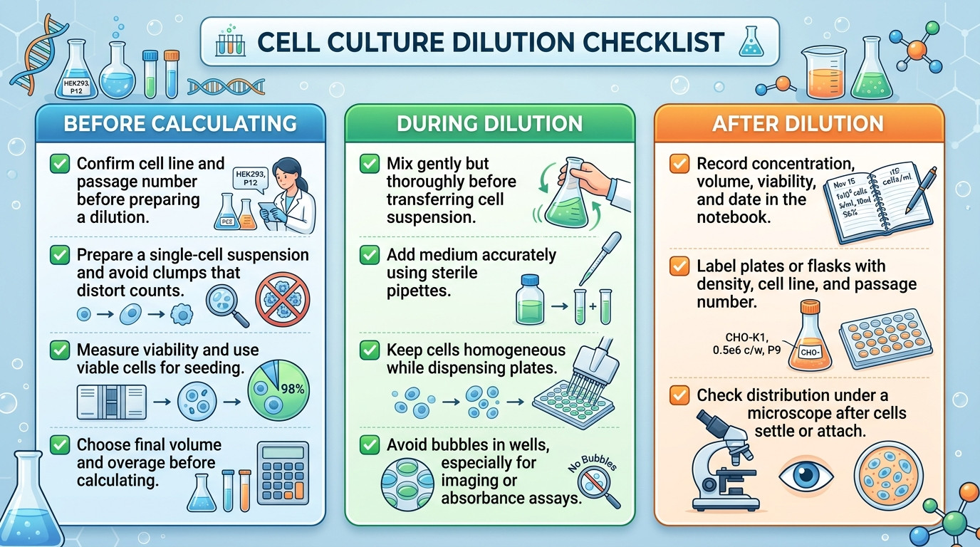 Cell culture dilution best practices with pipette flask plate and sterile technique