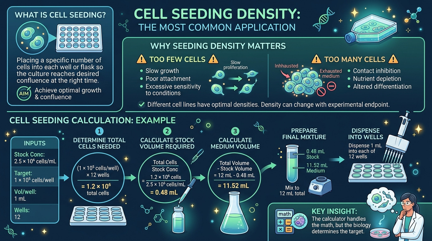Cell dilution calculator showing hemocytometer counting chamber and seeding density calculation